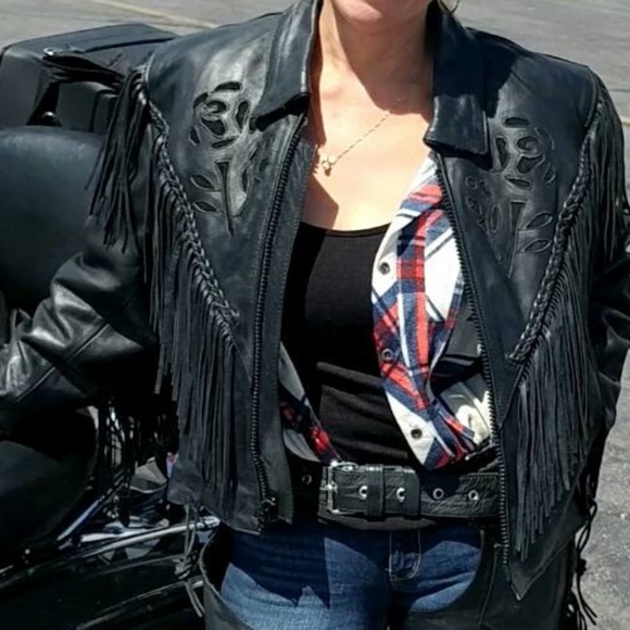Black Genuine Leather Fringed Jacket w/ Black Rose - Picture 7 of 14